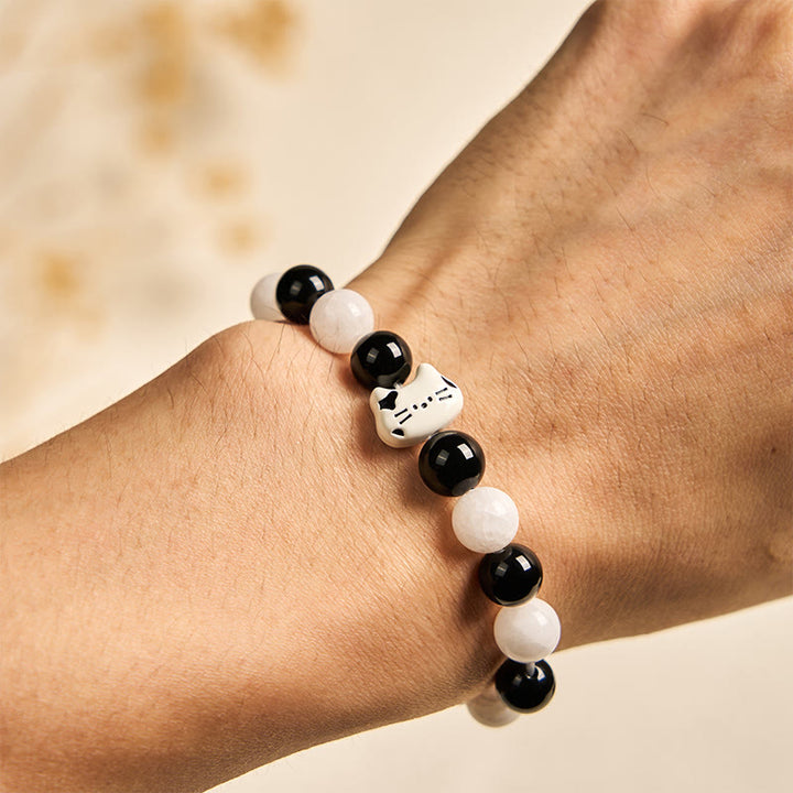 Buddha Stones Bicolor Cat Black Onyx White Chalcedony Fortune Bracelet - image 4