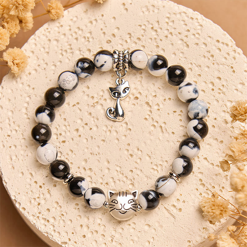 Buddha Stones Black and White Cat Fire Agate Bead Love Bracelet - image 1