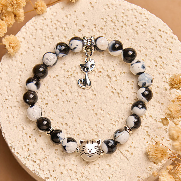 Buddha Stones Black and White Cat Fire Agate Bead Love Bracelet - image 1