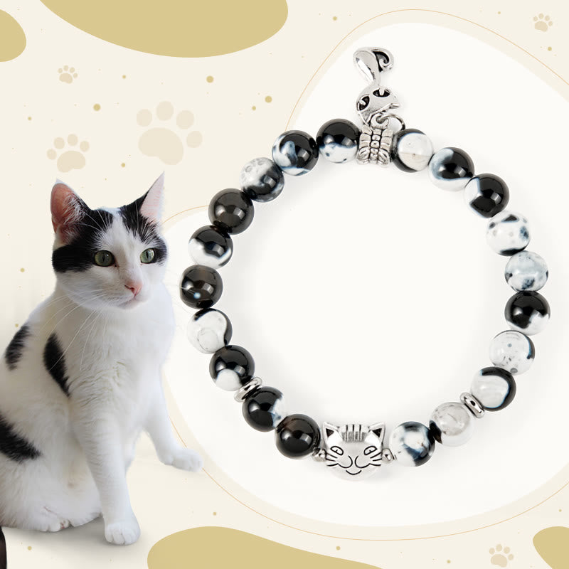 Buddha Stones Black and White Cat Fire Agate Bead Love Bracelet - Black and White Cat(Wrist Circumference 15-16cm) - image 0
