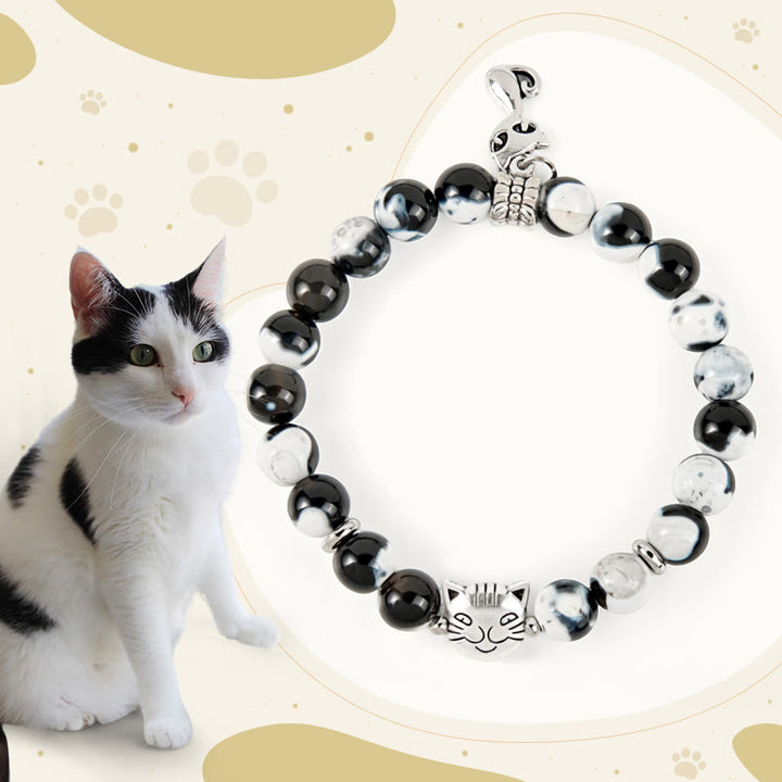 Buddha Stones Black and White Cat Fire Agate Bead Love Bracelet - Black and White Cat(Wrist Circumference 15-16cm) - image 0