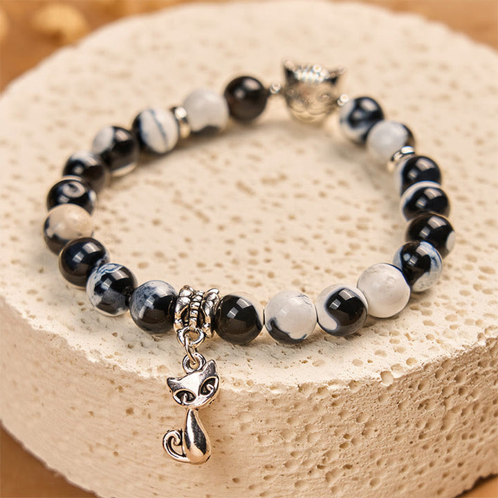 Buddha Stones Black and White Cat Fire Agate Bead Love Bracelet - image 2