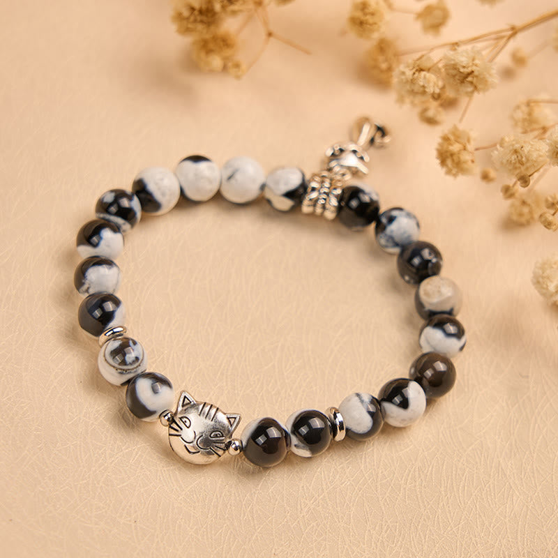 Buddha Stones Black and White Cat Fire Agate Bead Love Bracelet - image 3