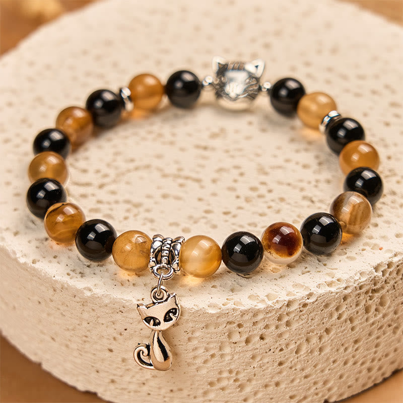 Buddha Stones Tortoiseshell Cat Light Brown Striped Agate Black Onyx Protection Bracelet - image 2