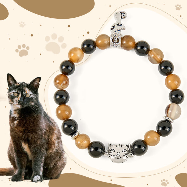 Buddha Stones Tortoiseshell Cat Light Brown Striped Agate Black Onyx Protection Bracelet - Tortoiseshell Cat(Wrist Circumference 15-16cm) - image 0
