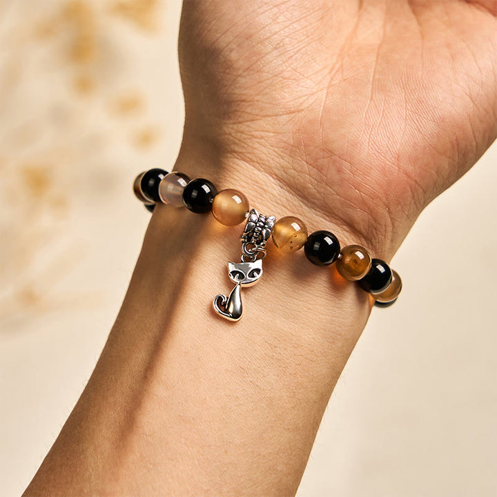 Buddha Stones Tortoiseshell Cat Light Brown Striped Agate Black Onyx Protection Bracelet - image 4