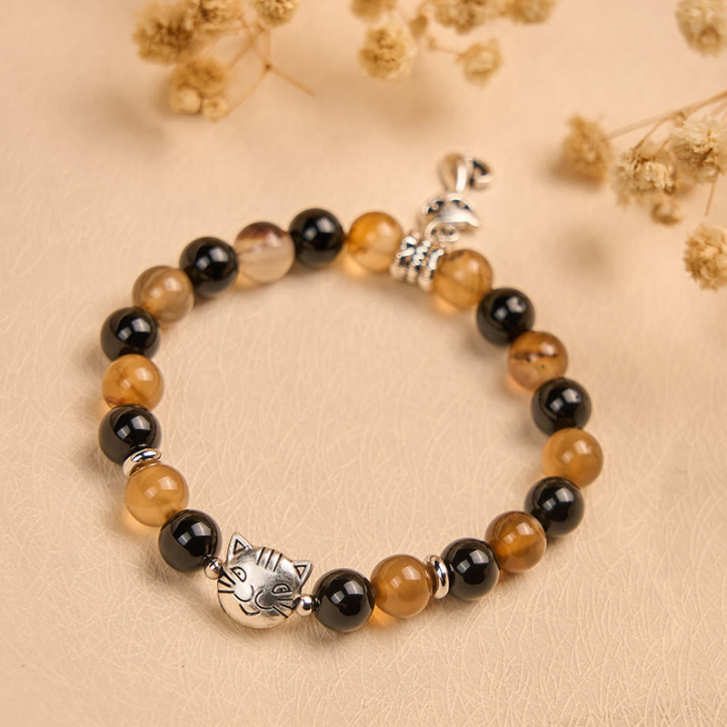 Buddha Stones Tortoiseshell Cat Light Brown Striped Agate Black Onyx Protection Bracelet - image 3