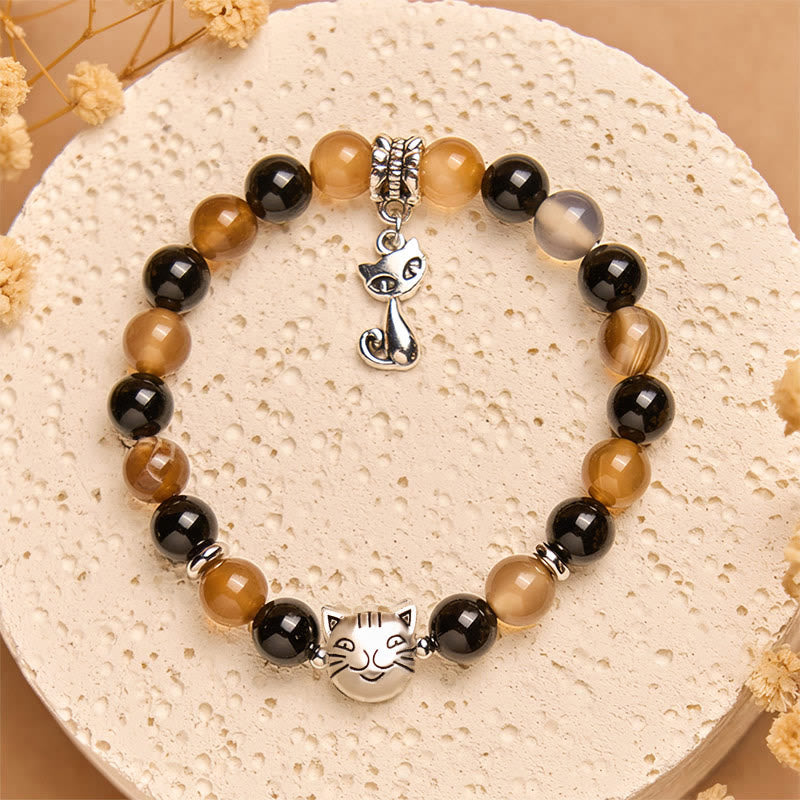 Buddha Stones Tortoiseshell Cat Light Brown Striped Agate Black Onyx Protection Bracelet - image 1