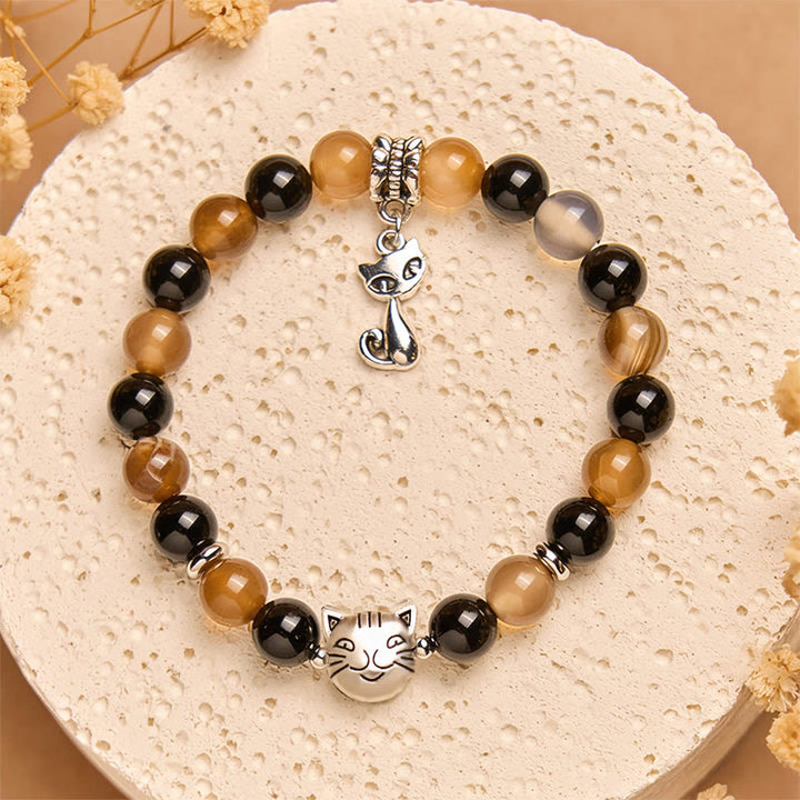 Buddha Stones Tortoiseshell Cat Light Brown Striped Agate Black Onyx Protection Bracelet - image 1