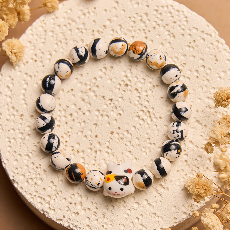 Buddha Stones Calico Cat Natural Stone Ceramic Kitten Head Strength Bracelet - image 1