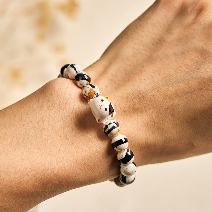 Buddha Stones Calico Cat Natural Stone Ceramic Kitten Head Strength Bracelet - image 4