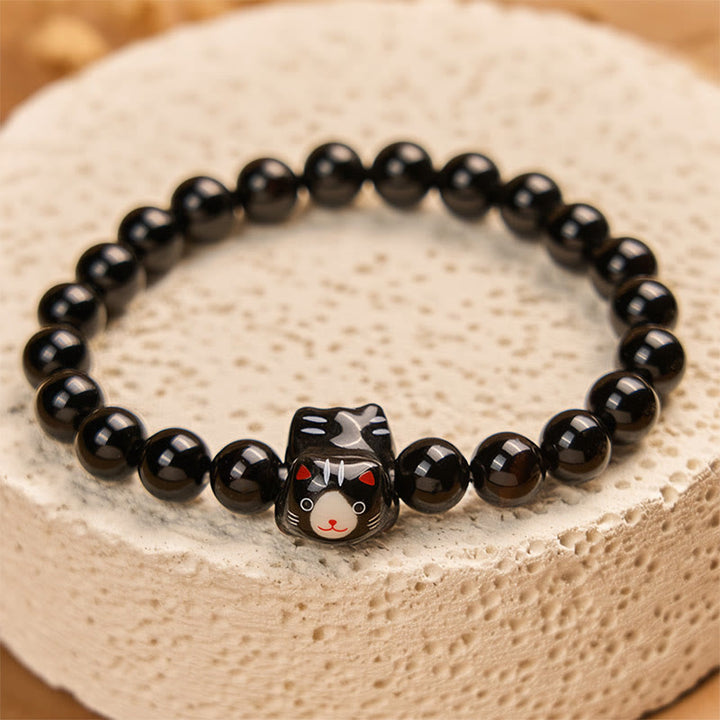 Buddha Stones Black Cat Natural Black Onyx Ceramic Kitten Support Bracelet - image 2