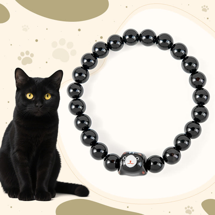 Buddha Stones Black Cat Natural Black Onyx Ceramic Kitten Support Bracelet - Black Cat(Wrist Circumference 15-16cm) - image 0