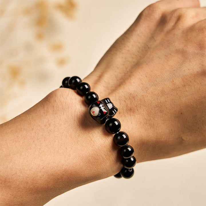 Buddha Stones Black Cat Natural Black Onyx Ceramic Kitten Support Bracelet - image 4