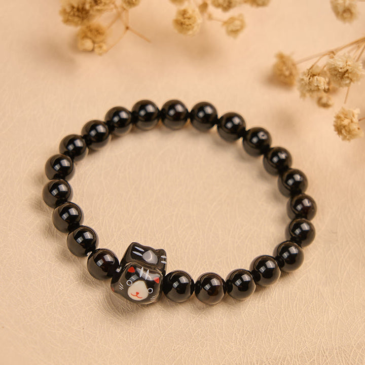 Buddha Stones Black Cat Natural Black Onyx Ceramic Kitten Support Bracelet - image 3