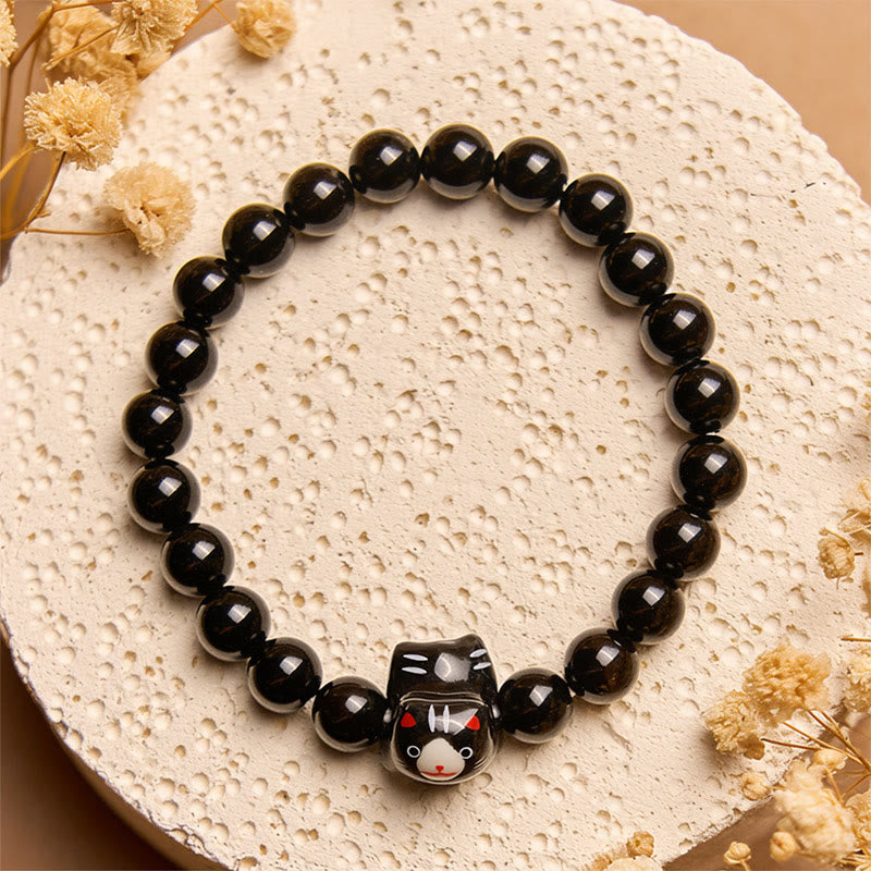 Buddha Stones Black Cat Natural Black Onyx Ceramic Kitten Support Bracelet - image 1