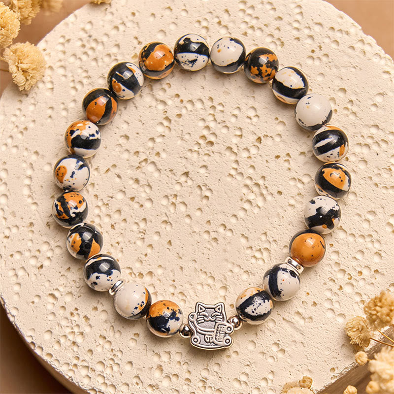 Buddha Stones 925 Sterling Silver Calico Cat Stone Bead Bracelet - image 2
