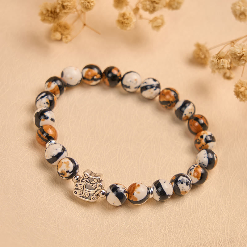 Buddha Stones 925 Sterling Silver Calico Cat Stone Bead Bracelet - image 1