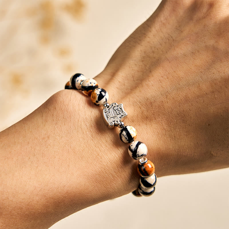 Buddha Stones 925 Sterling Silver Calico Cat Stone Bead Bracelet - image 4
