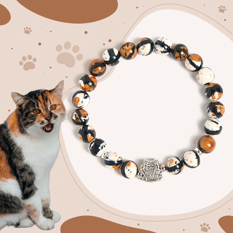 Buddha Stones 925 Sterling Silver Calico Cat Stone Bead Bracelet - Calico Cat(Wrist Circumference 15-16cm) - image 0
