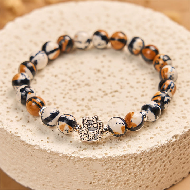 Buddha Stones 925 Sterling Silver Calico Cat Stone Bead Bracelet - image 3
