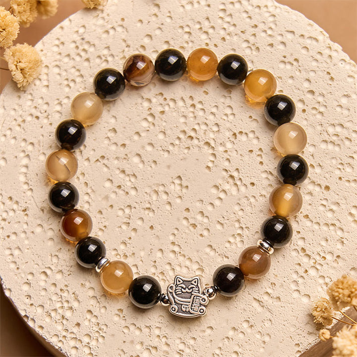 Buddha Stones 925 Sterling Silver Tortoiseshell Cat Light Brown Striped Agate Black Onyx Bracelet - image 2