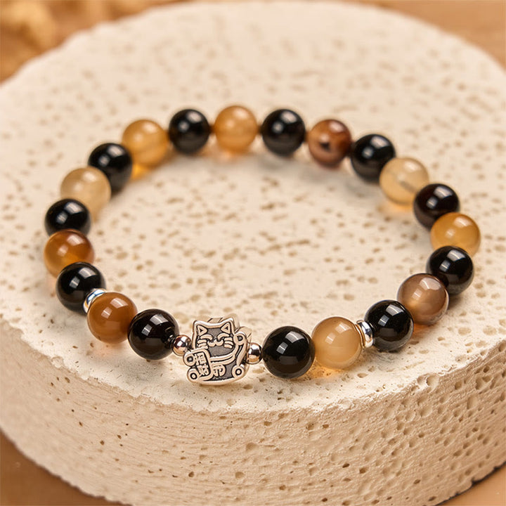 Buddha Stones 925 Sterling Silver Tortoiseshell Cat Light Brown Striped Agate Black Onyx Bracelet - image 3