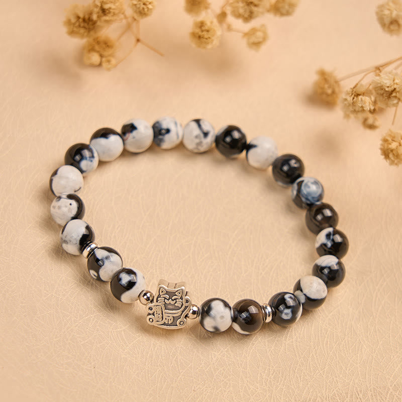 Buddha Stones 925 Sterling Silver Black and White Cat Fire Agate Bead Love Bracelet - image 1