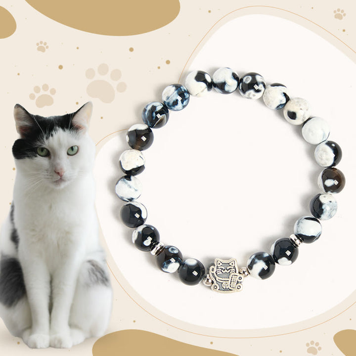Buddha Stones 925 Sterling Silver Black and White Cat Fire Agate Bead Love Bracelet - Black and White Cat(Wrist Circumference 15-16cm) - image 0