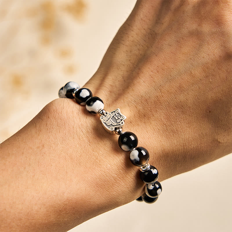 Buddha Stones 925 Sterling Silver Black and White Cat Fire Agate Bead Love Bracelet - image 4
