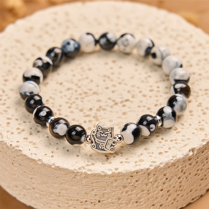 Buddha Stones 925 Sterling Silver Black and White Cat Fire Agate Bead Love Bracelet - image 3