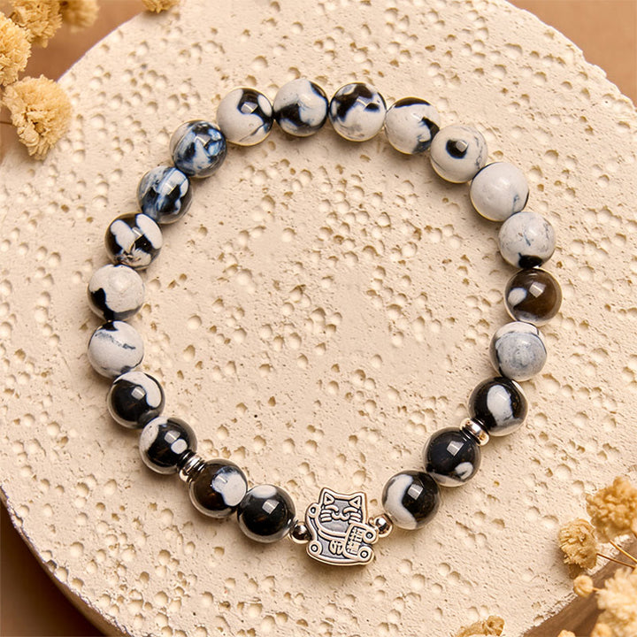 Buddha Stones 925 Sterling Silver Black and White Cat Fire Agate Bead Love Bracelet - image 2