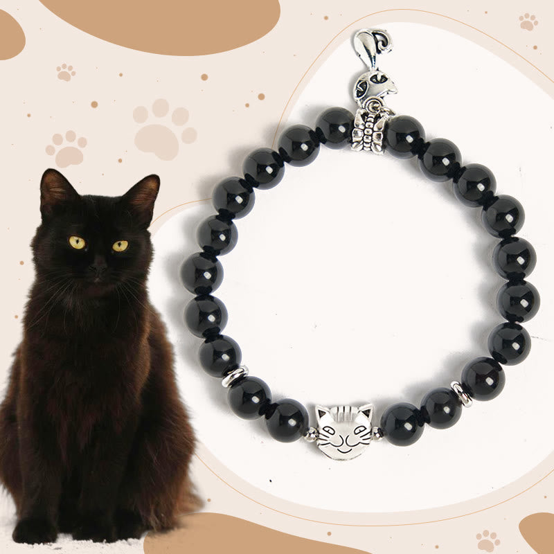 Buddha Stones Black Cat Natural Black Onyx Kitten Support Bracelet - Black Cat(Wrist Circumference 15-16cm) - image 0