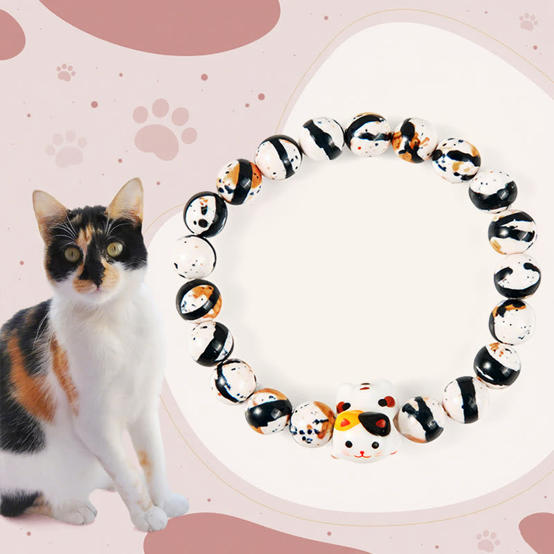 Buddha Stones Calico Cat Natural Stone Ceramic Kitten Head Strength Bracelet - image 0