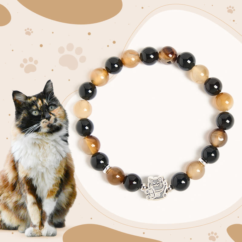 Buddha Stones 925 Sterling Silver Tortoiseshell Cat Light Brown Striped Agate Black Onyx Bracelet - Tortoiseshell Cat(Wrist Circumference 15-16cm) - image 0