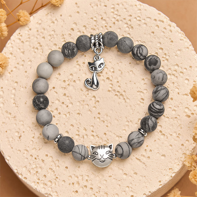 Buddha Stones Grey Tabby Cat Natural Black Veined Jasper Strength Bracelet - image 1