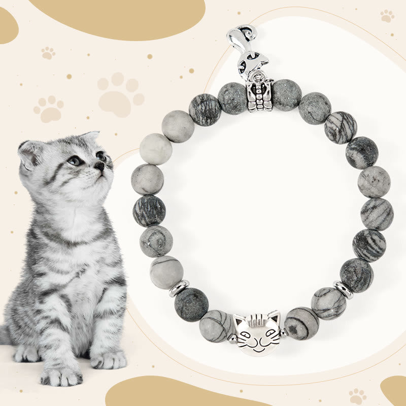 Buddha Stones Grey Tabby Cat Natural Black Veined Jasper Strength Bracelet - Grey Tabby Cat(Wrist Circumference 15-16cm) - image 0