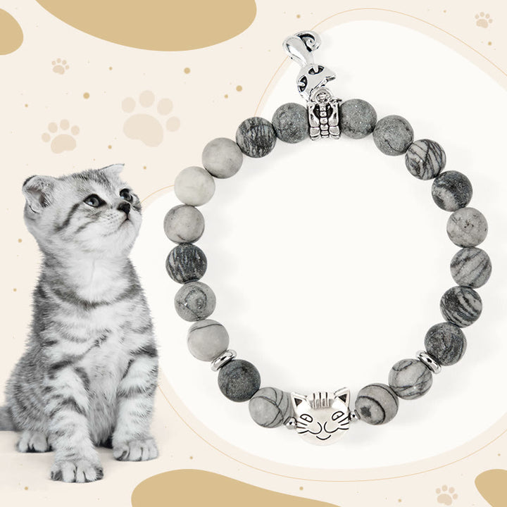 Buddha Stones Grey Tabby Cat Natural Black Veined Jasper Strength Bracelet - Grey Tabby Cat(Wrist Circumference 15-16cm) - image 0