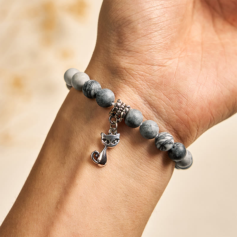 Buddha Stones Grey Tabby Cat Natural Black Veined Jasper Strength Bracelet - image 4