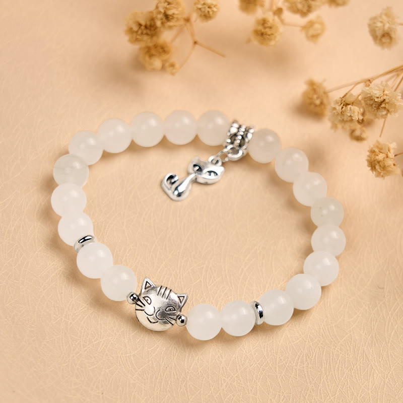 Buddha Stones White Cat White Jade Luck Blessing Bracelet - image 3