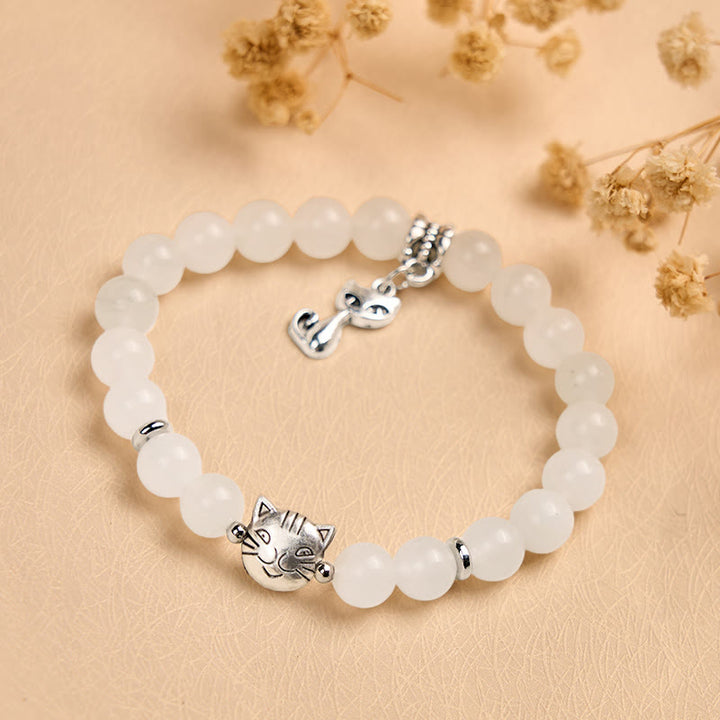 Buddha Stones White Cat White Jade Luck Blessing Bracelet - image 3