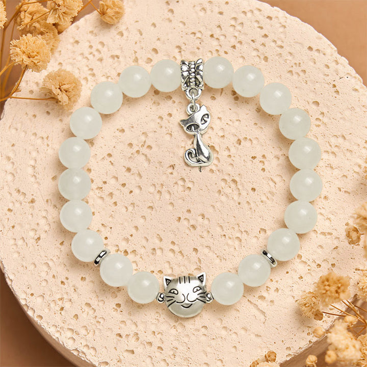 Buddha Stones White Cat White Jade Luck Blessing Bracelet - image 1