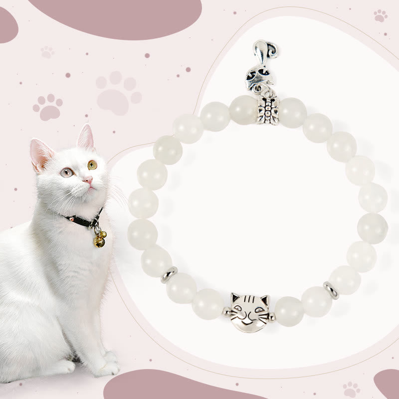 Buddha Stones White Cat White Jade Luck Blessing Bracelet - White Cat(Wrist Circumference 15-16cm) - image 0