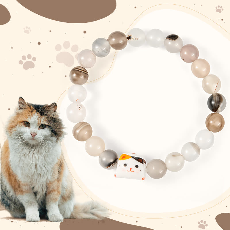 Buddha Stones Calico Cat Natural Agate Stone Ceramic Kitten Head Power Bracelet - Calico Cat(Wrist Circumference 15-16cm) - image 0