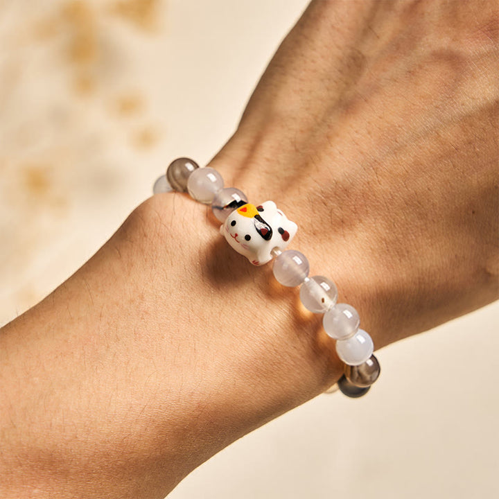 Buddha Stones Calico Cat Natural Agate Stone Ceramic Kitten Head Power Bracelet - image 4