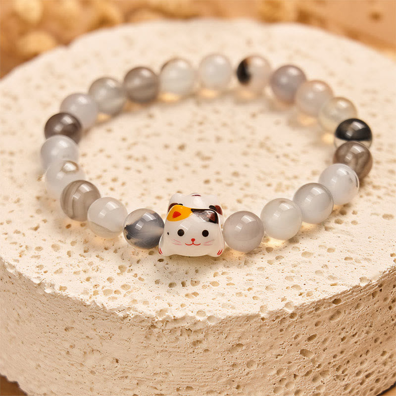 Buddha Stones Calico Cat Natural Agate Stone Ceramic Kitten Head Power Bracelet - image 2