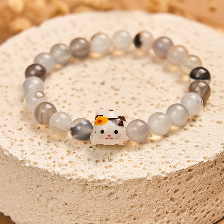 Buddha Stones Calico Cat Natural Agate Stone Ceramic Kitten Head Power Bracelet - image 2