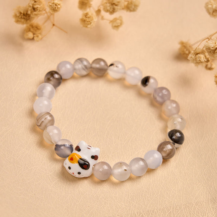 Buddha Stones Calico Cat Natural Agate Stone Ceramic Kitten Head Power Bracelet - image 3