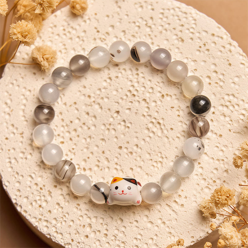 Buddha Stones Calico Cat Natural Agate Stone Ceramic Kitten Head Power Bracelet - image 1