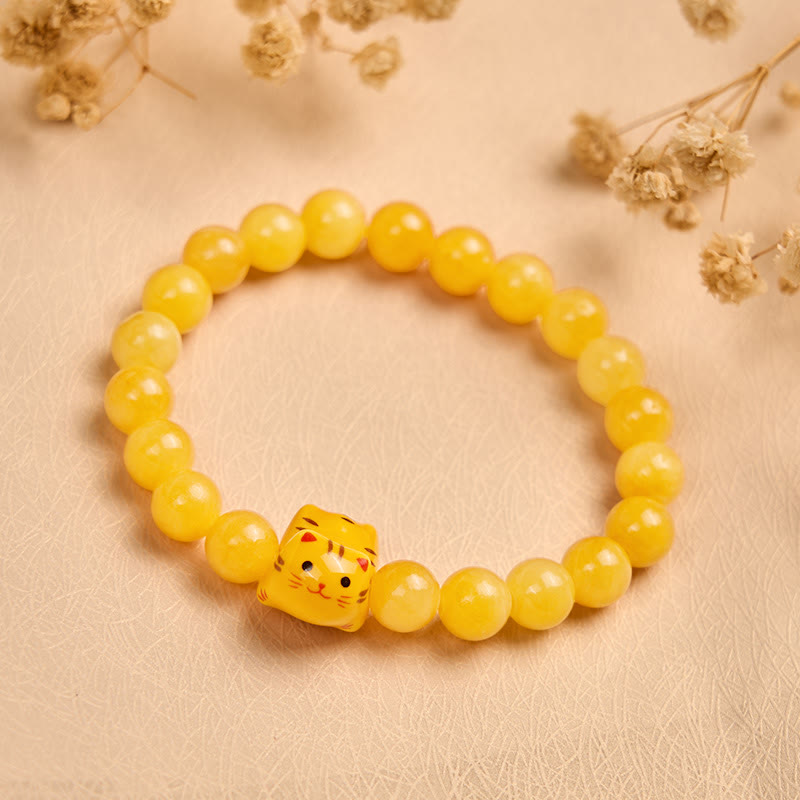 Buddha Stones Orange Tabby Cat Yellow Chalcedony Ceramic Kitten Joy Bracelet - image 1